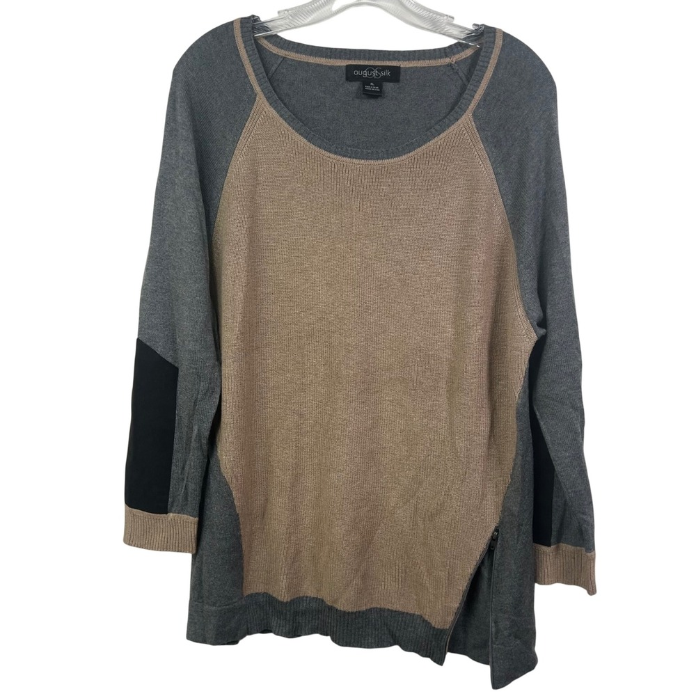 August Silk Womens XL Colorblock Sweater Grey Tan Black Side Zip Raglan Knit